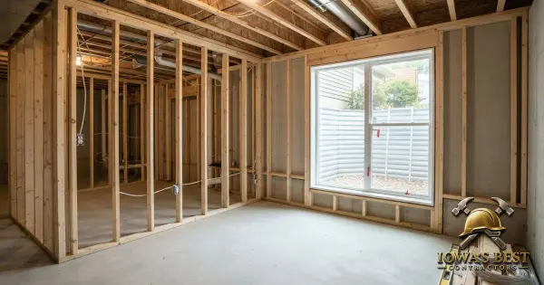 Partially finished basement in Iowa home with framed walls, concrete floor, and egress window