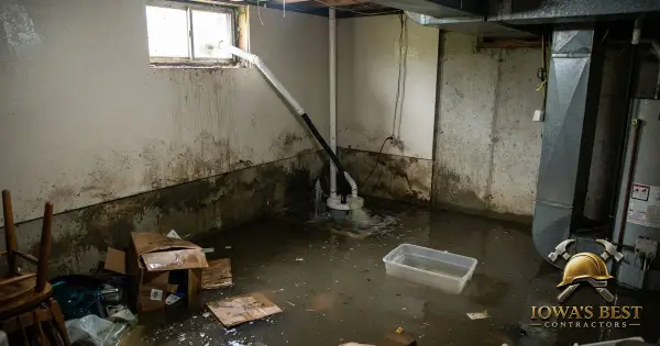 Flooded basement with standing water on concrete floor and visible sump pump in Iowa home