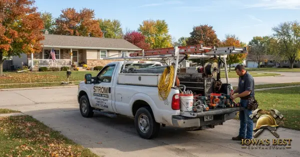 Electrician's truck parked at Iowa home for residential electrical service call