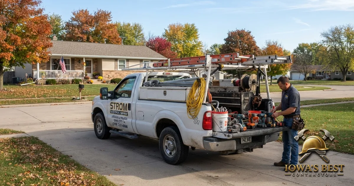 Electrician's truck parked at Iowa home for residential electrical service call