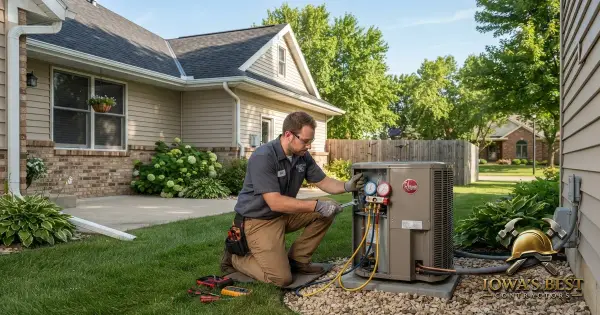 HVAC technician servicing an outdoor AC unit beside an Iowa home on a summer day