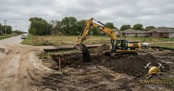 Excavator digging foundation on Iowa residential building site with soil piles and cleared land