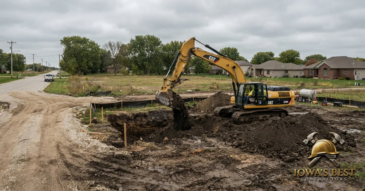 Excavator digging foundation on Iowa residential building site with soil piles and cleared land