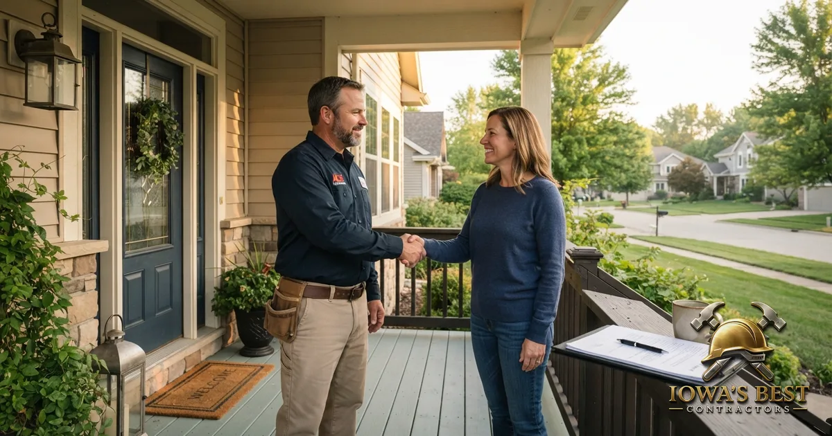 Homeowner and contractor shaking hands on an Iowa porch with contract paperwork nearby