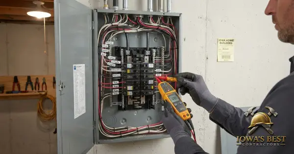 Electrician testing an open residential electrical panel in an Iowa basement