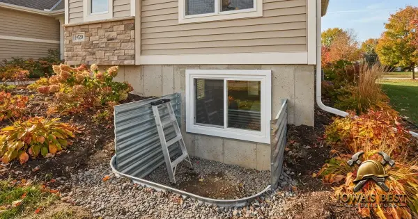 Newly installed egress window with metal window well and gravel base in Iowa basement foundation