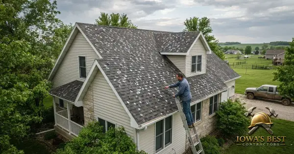 Editorial photograph illustrating Hail and Storm Damage to Your Iowa Roof: What to Do Next — Iowa's Best Contractors