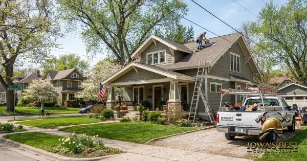 Contractor working on residential home roof in Iowa City neighborhood with truck parked in driveway
