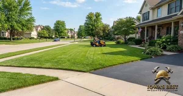 Freshly mowed residential lawn in Iowa with riding mower and clean edges along driveway