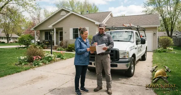 Iowa homeowner and contractor reviewing project paperwork outdoors near residential home and work truck