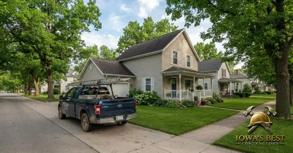 Residential home in northeast Iowa with contractor truck in driveway during home improvement project