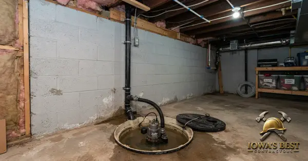 Sump pump basin in Iowa basement with submersible pump and discharge pipe