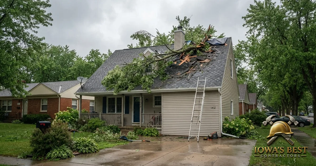 Tree branch on damaged Iowa roof after storm with broken shingles and overcast sky