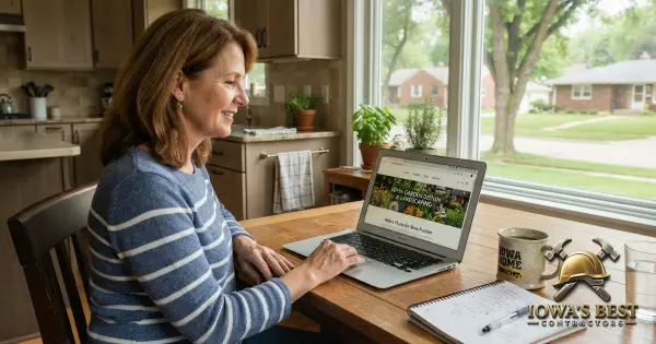 Homeowner researching contractors on laptop at kitchen table with notebook and coffee in Iowa home